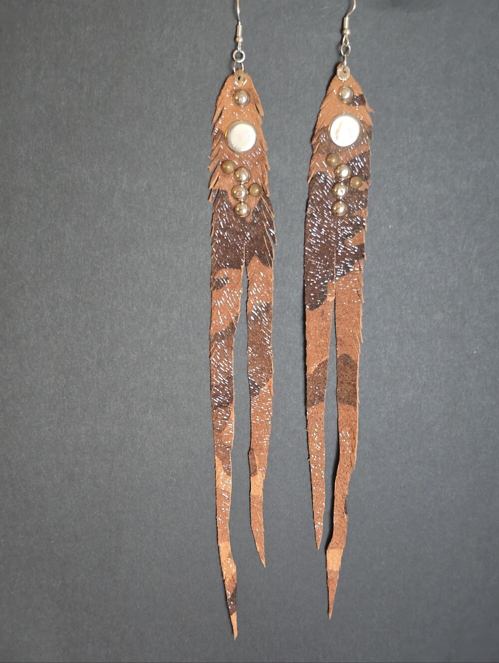 New Camo Fringe leather Stud Earrings Handcrafted Boho Western Native Made